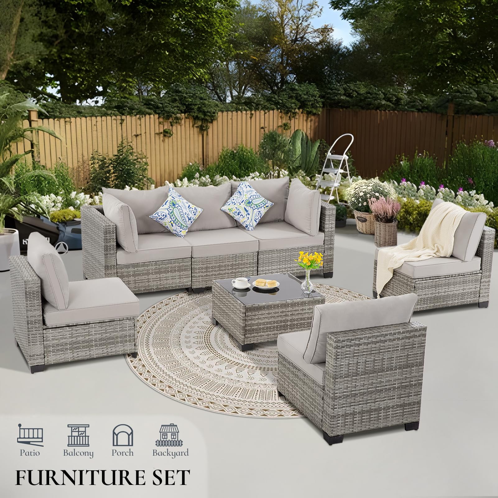 FHFO 7 Pieces Outdoor Patio Furniture Set, Wicker Sectional Sofa Set Rattan Modular Patio Conversation Sets with Cushions Couch Set & Coffee Table for Outside, Garden, Balcony, Porch, Grey/Gray