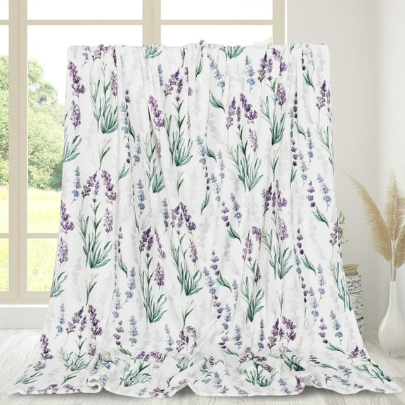 Lavender Fuzzy Blanket Watercolor Floral Throw Blanket Purple Flower Soft Cozy Flannel Blanket for Home Bed Sofa Couch Chair, 50 x 60 Inch