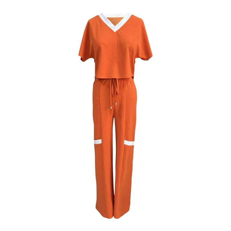 XIAOFFENN Workout Shorts Workout Outfits Women'S Casual Fashion Solid Color  Short Sleeve Top High Waist Straight Leg Pants Commuting Two-Piece Set  Lightweight Orange Summer Outfits For Women Clearanc 