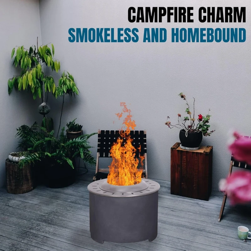 Afterglow Smokeless Fire Pit, 20.5" Round Wood Burning Stainless Steel Top & TerraFab Base, Firepit with Weather Cover Perfect for Outdoor Patio Garden, Dark Grey