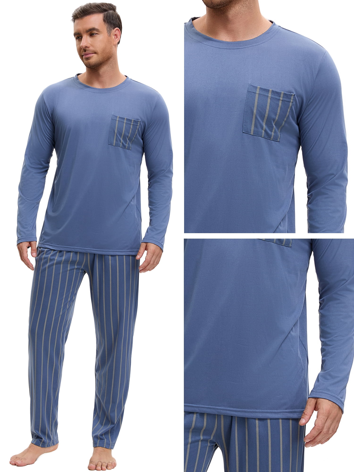 DARING DIVA Men's 2-Piece Long Sleeve Crew Neck Casual Stripes Pajamas Set L Blue Gray