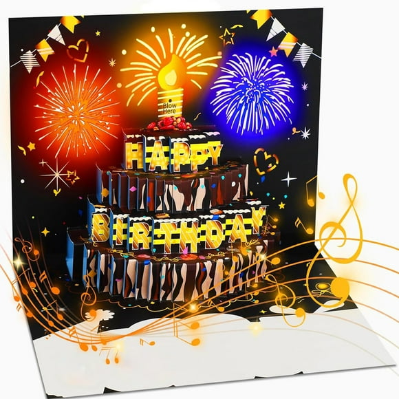 Carte d'Anniversaire 3D à Déploiement Volant avec Lumière et Musique, Joyeux Anniversaire, Carte de Vœux Lumineuse avec Motif de Gâteau, Carte d'Anniversaire Interactive
