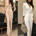 thumbnail image 1 of Pantalons Liquidation Tendance Femmes Col en V Couleur Unie Manches Longues Combinaison Décontractée Formelle Blanche L, 1 of 1