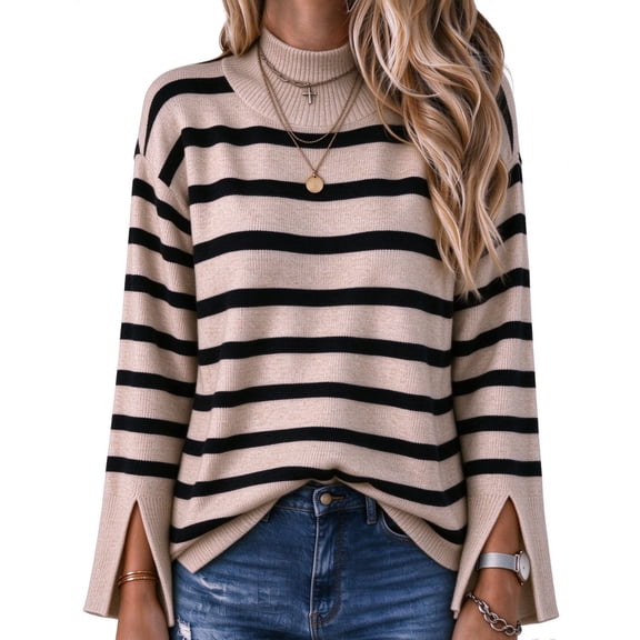 DOKOTOO Pullover Sweaters for Women Casual Loose Long Sleeve Mock Neck Ribbed Jumper Sweaters Chunky Knit Baggy Fall Striped Sweater Top Size Large US12-14