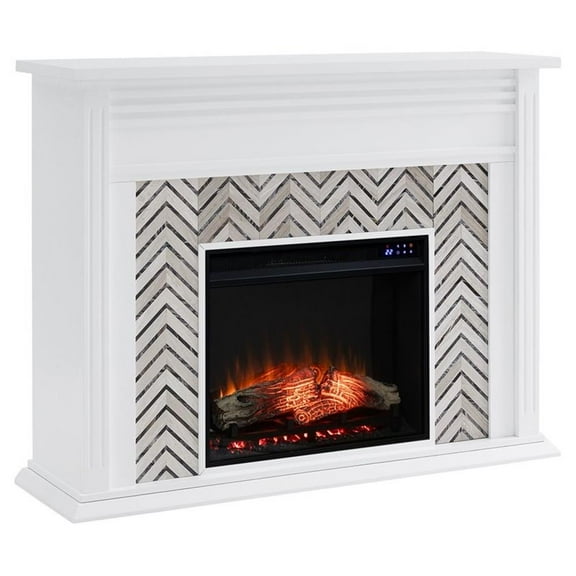 Bowery Hill Contemporary Wood-Tiled Marble Electric Fireplace in White