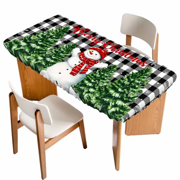 Christmas Snowman Table Cloths for 3 Foot Rectangle Tables, Xmas Tree Black White Checkered Snowflake Patio Waterproof Elastic Fitted Tablecloths, Washable Rectangular Table Cover for Camping