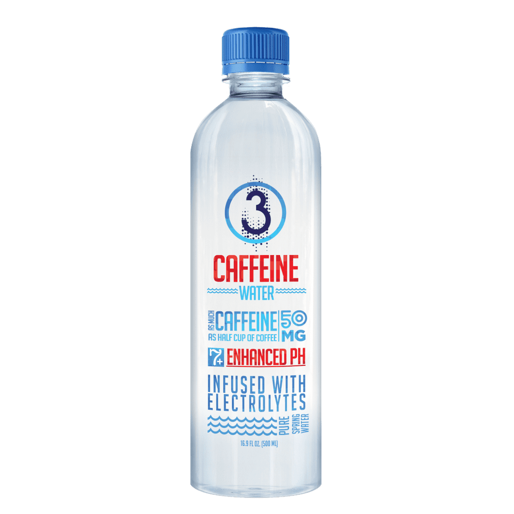 3 Water Caffeine, Electrolytes, High PH 16.9 oz Bottles Pack of 24