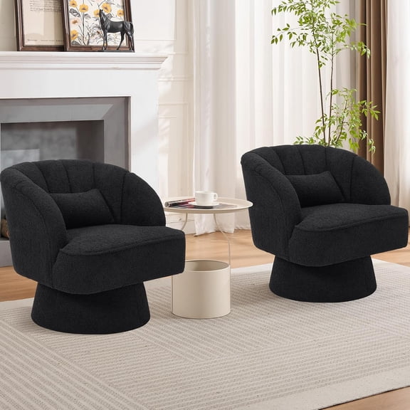 Modern Swivel Barrel Accent Chair, 360° Teddy Fabric Upholstered Armchair with Striped Backrest & Plush Padding, Comfy Round Lounge Chair for Living Room, Bedroom, Reading Nook, Black 2 PCS