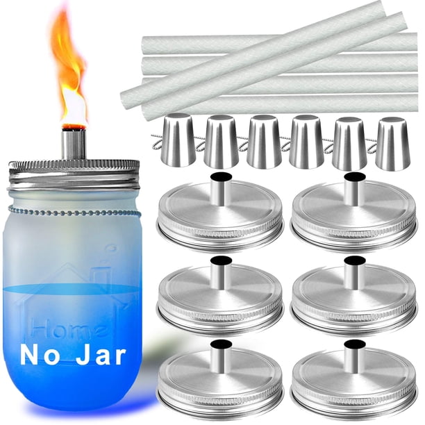 Mason Jar Kits De Antorchas De Mesa, Paquete De 6 Tapas De Boca Regulares Con Tubo Protector, Mechas Y Tapas De Fibra De Vidrio De Larga Duración, Luces De Lámpara De Aceite Para Exteriores Para Decor