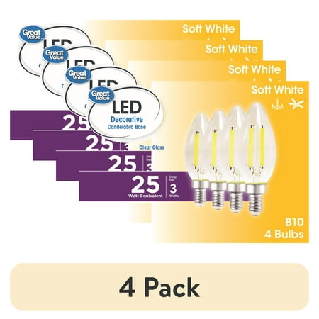 (4 pack) Great Value LED Light Bulb, 3W (25W Equivalent) B10 Deco Lamp E12 Candelabra Base, Dimmable, Soft White, 4-Pack