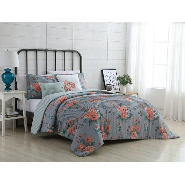 VCNY Home Katherine Floral Printed Textured Reversible Stripe 4/5 Piece ...