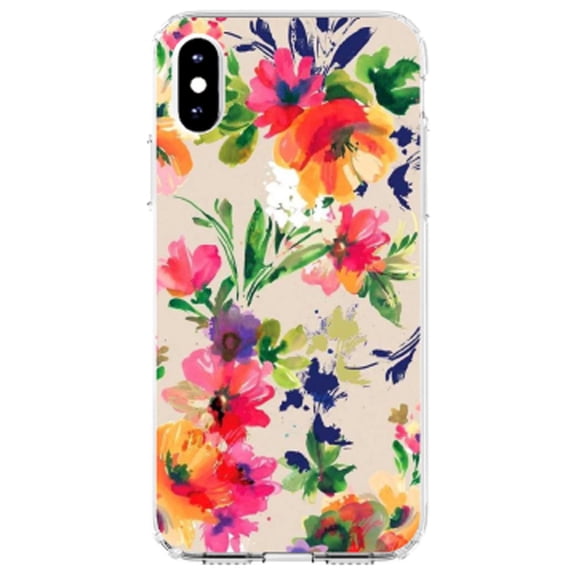 DistinctInk Clear Shockproof Hybrid Case for iPhone X / XS (5.8" Screen) - TPU Bumper, Acrylic Back, Tempered Glass Screen Protector - Pink Purple Floral Flowers
