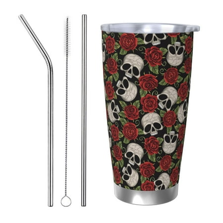 

Cauagu Red Rose Skull Pattern 20oz Tumbler Stainless Steel Vacuum Insulated Tumbler with Lid Insulated Coffee Mug Thermal Cup with Splash Proof Sliding Lid-Straw Three-piece Set
