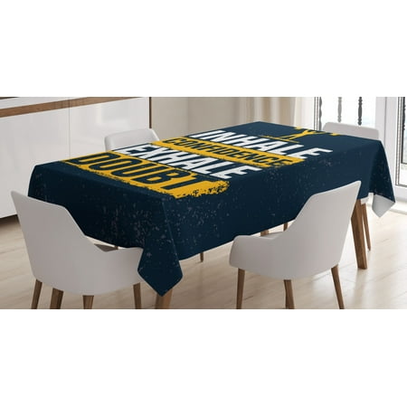 

Inhale Exhale Tablecloth Athlete Weighlifting Olympic Champion Encourage Calligraphy Rectangular Table Cover for Dining Room Kitchen 60 X 84 Inches Dark Blue Earth Yellow White by Ambesonne