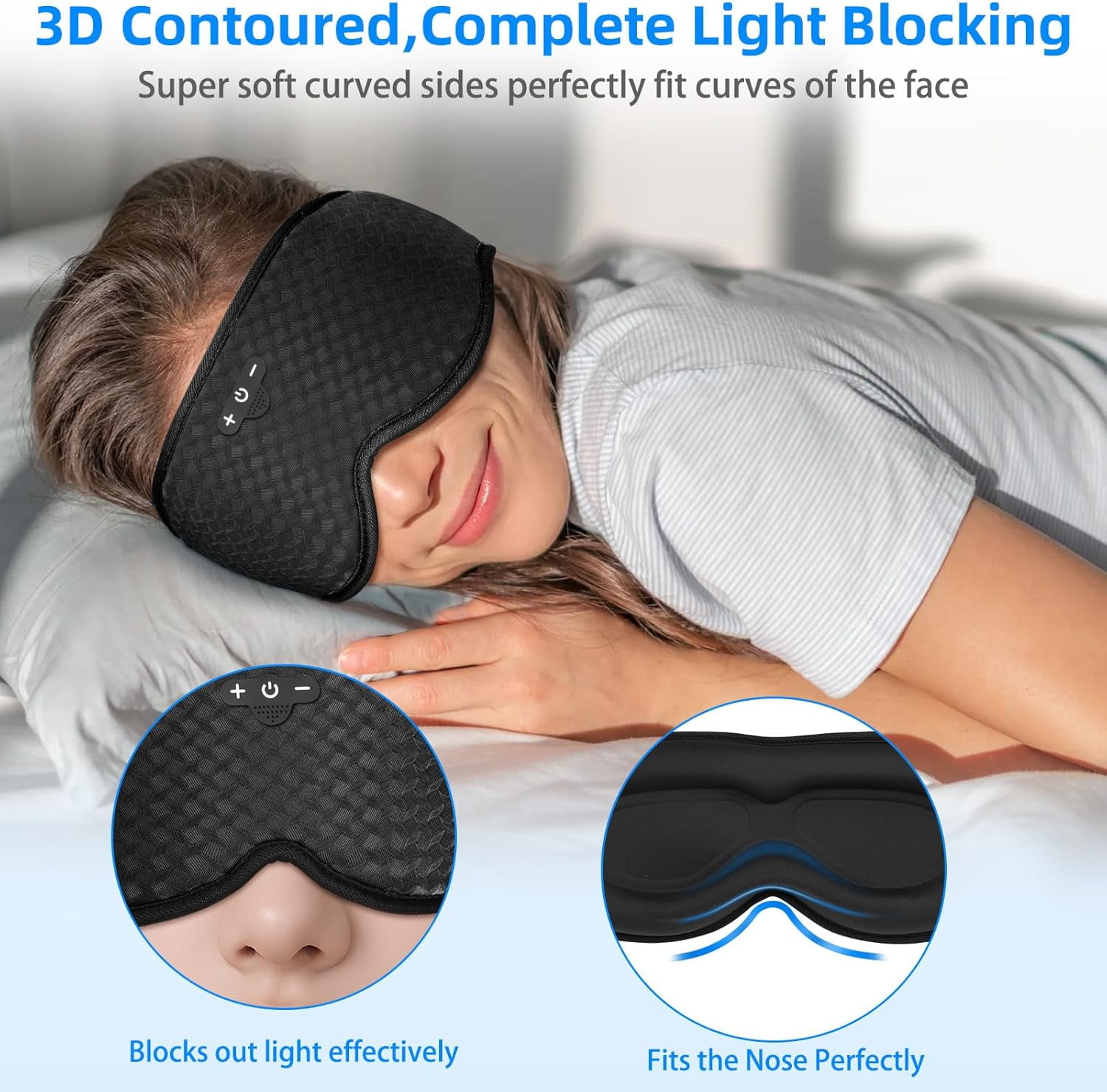 3D Sleep Mask with Bluetooth Headphones, Sleeping Headphones for Side Sleepers, Zero Eye Pressure, Adjustable Sleep Eye Mask, Ultra-Thin Stereo Speakers Perfect for Sleeping