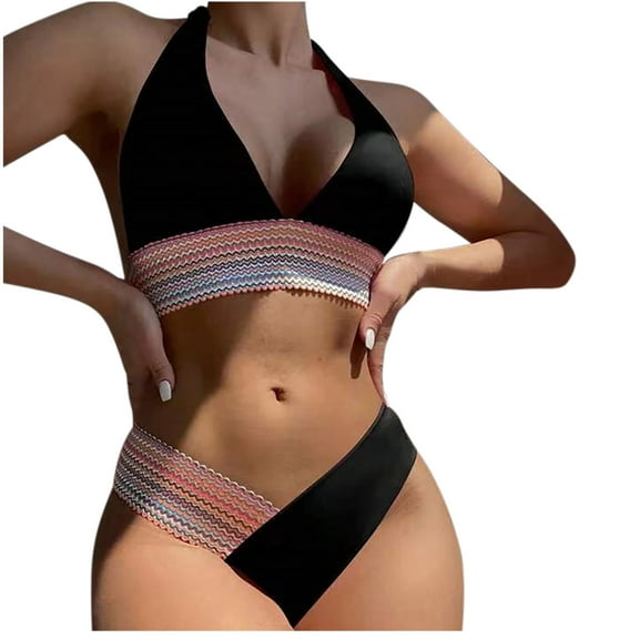 WREESH Womens High Cut Bikini Sets Print Swimwear Two-Piece Slim Swimsuit Bikini Straped Swimsuits Beach Bathing Suit Black