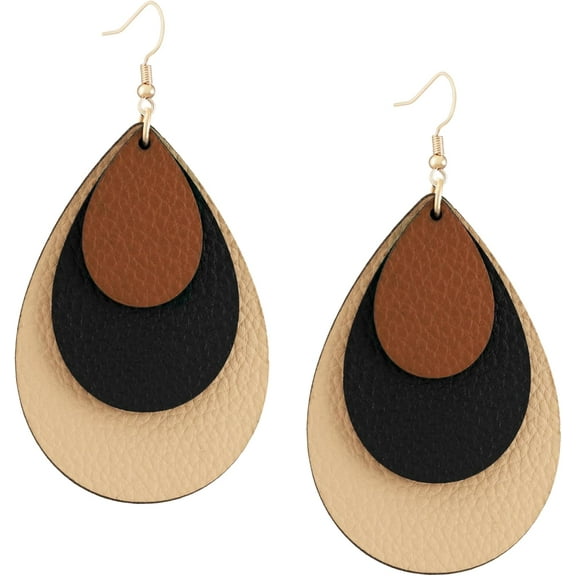 Boho Chic Faux Leather Triple Layer Teardrop Waterdrop Dangle Drop Earrings, Vintage Bohemian Hippie Statement Jewelry Gift for Women