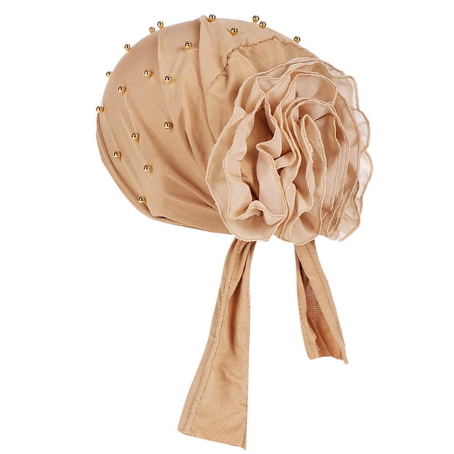 Women Beading Floral India Hat Muslim Ruffle Cancer Chemo Beanie Turban Wrap Cap