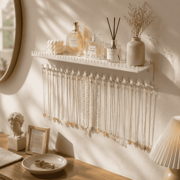TAVENE White & Metal Necklace Holder Wall Hanging Organizer Wall Mounted Jewelry Shelf with 56 Hooks and Tray Display Hanger for Girls and Women