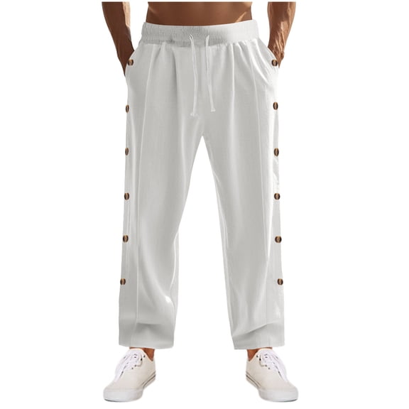 Diufon Men's Casual Pants Drawstring Waist Wide Leg Loose Cotton Linen Pant Trendy Side Button Trousers with Pockets