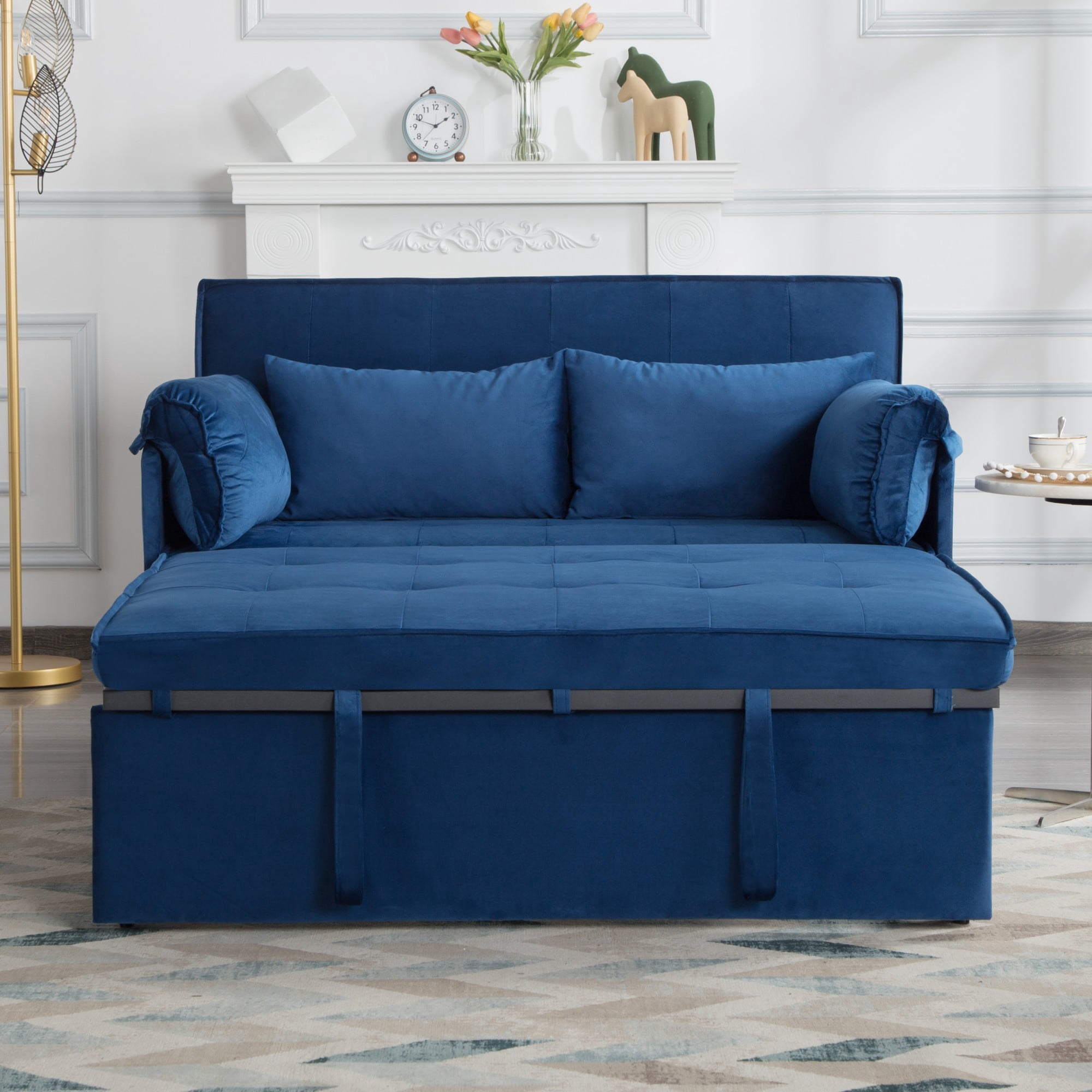 DEALTOPS 46" Velvet Pull-Out Sleeper Sofa Bed, 2-in-1 Convertible Loveseat with 5-Level Reclining Backrest, Blue