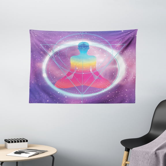 Indie Tapestry, Human Silhouette Lotus Position Triangles Circles Galaxy Meditation Yoga, Wall Hanging for Bedroom Living Room Dorm Decor, 60W X 40L Inches, Purple Light Blue Pink, by Ambesonne