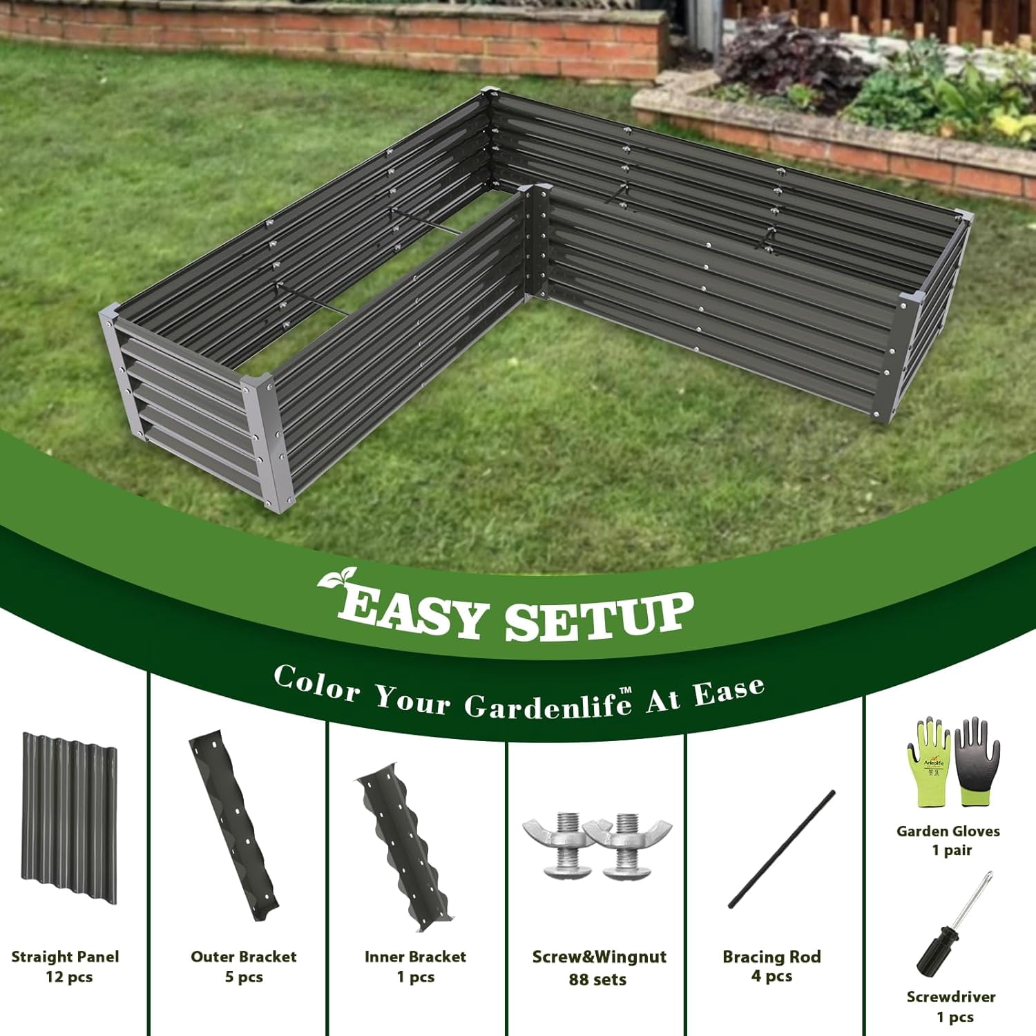 ANLEOLIFE L-Shaped Galvanized Raised Garden Beds Outdoor,74x74x18in Large Metal Planter Box for Planting Vegetables Flowers Herb, Anti-Rust & Easy-Setup, White