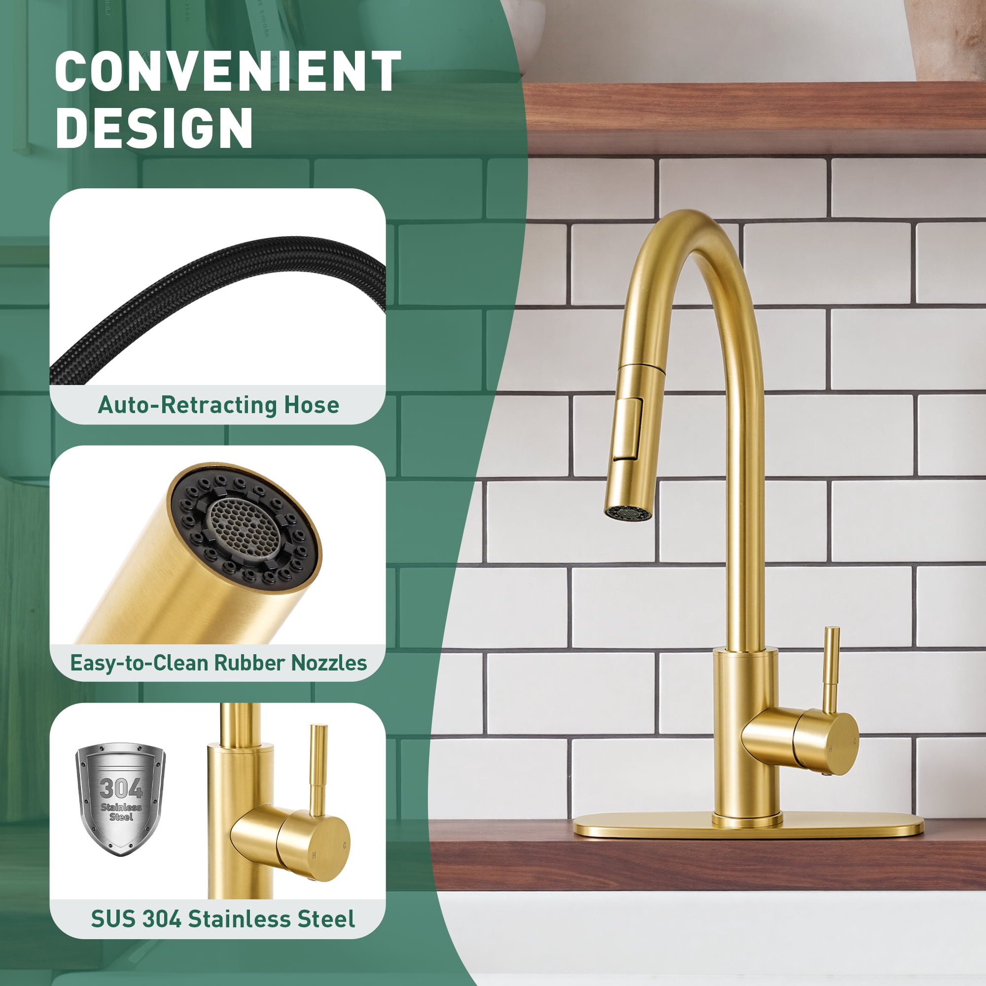 Akicon Kitchen Faucet with Pull Down Sprayer, Dual-Function Single Handle Kitchen Sink Faucets, 304 Stainless Steel with Deck Plate, Fits 1 or 3-Hole Sinks, Brushed Gold