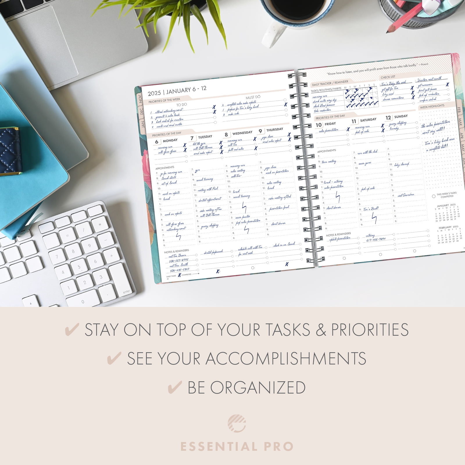 ESSENTIAL PRO 2025 Daily, Weekly & Monthly Planner, 7"x9": 14 Months (Nov 2024 - Dec 2025) Monthly Tabs,Daily Tracking,Notes Pages,Storage Pocket,Bookmark w Sticky Notes (Teal Floral)