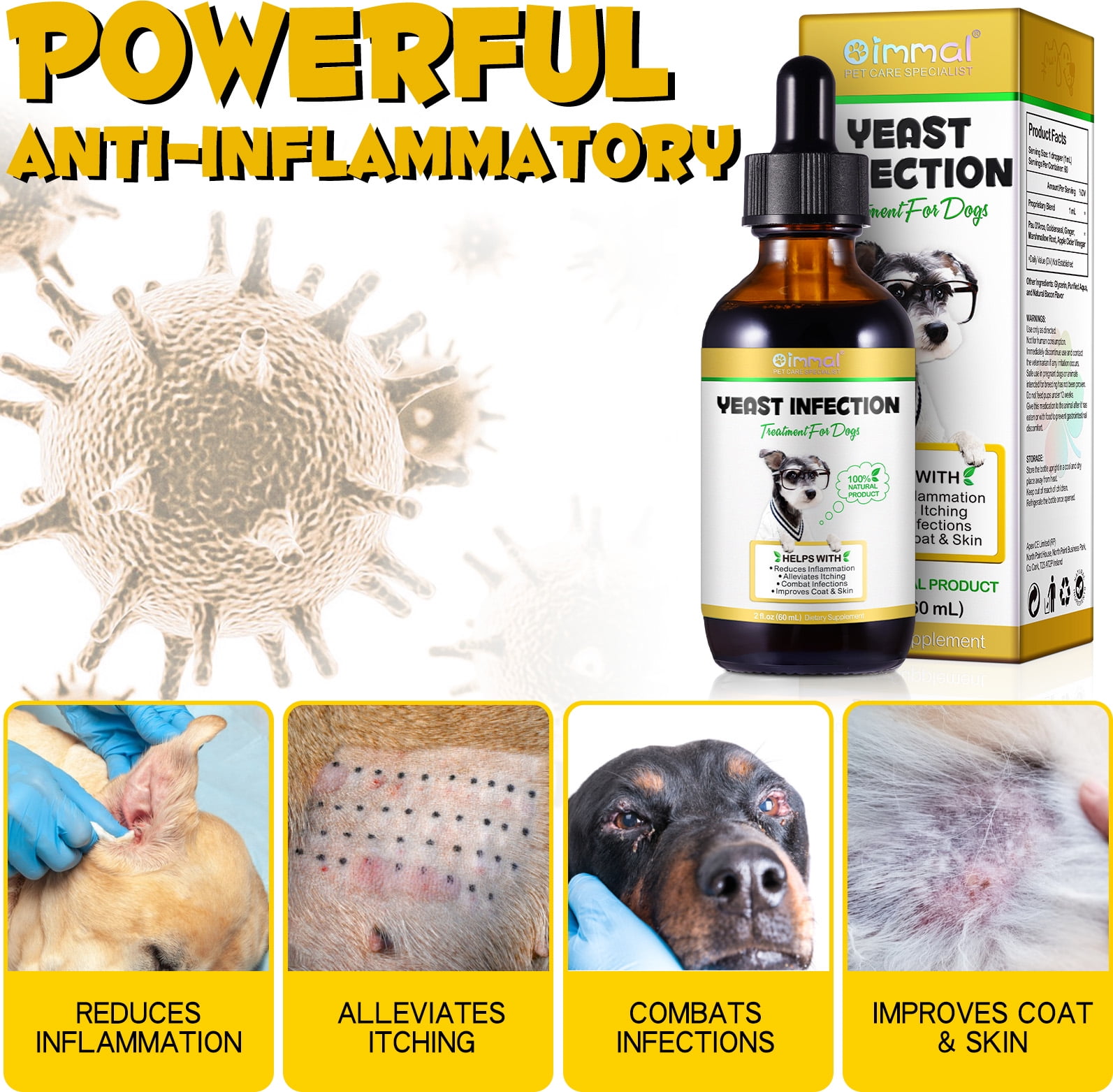 Oimmal Natural Yeast Infection for Dogs, Support Healthy Itch & Inflammation Relief, Coat & Skin Health Support | Dog Yeast Ear Infection Drops 2 oz - 2Pack