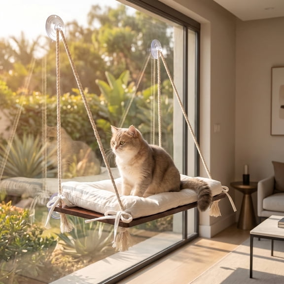 Renyuanyuan Solid Wood Cat Window Sill Resting Platform With Cushion Hammock, 21 X 17 X 12.6 Inch, 45 Lbs Load Capacity For Indoor Cats