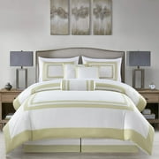 Chezmoi Collection Caprice 7-Piece Hotel Style Comforter Set, White/Tan Square Pattern Modern Color Block Bedding with Decorative Pillows, Luxurious Lightweight All Season Bed Set, King