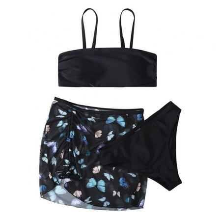 GYRATEDREAM Girl s Butterfly Print Bikini Bathing Suit with Cover Up Beach Skirt 3 Piece Swimsuits  Black 8-9 Years