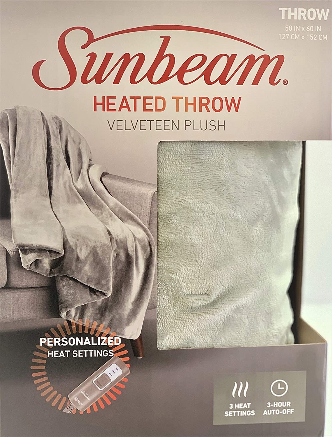 Sunbeam Premium Soft Velveteen Electric Heated Blanket, Light Gray, 50 in x 60 in