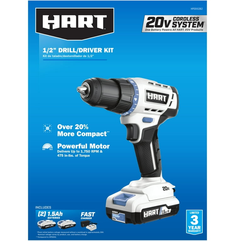 HART 20 Volt Cordless 1 2 inch Drill Driver Kit 2 1.5Ah Lithium Ion Batteries Gen 2 Walmart