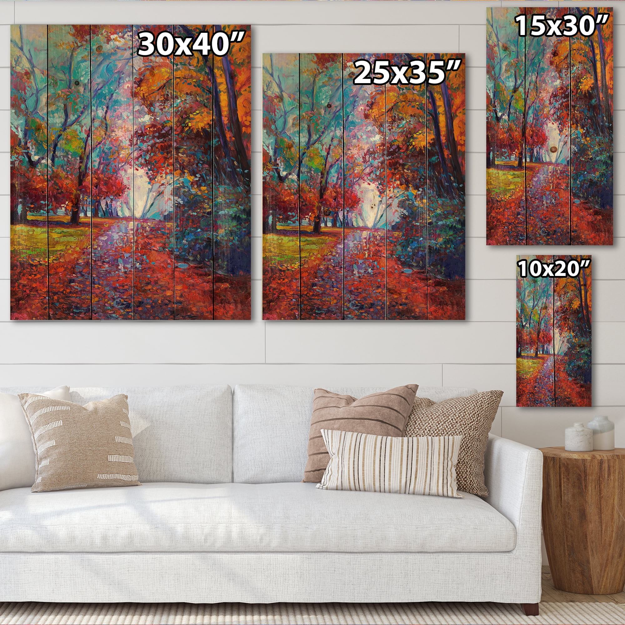 Designart 'Red Autumn Landscape With Little Road' Traditional Print on Natural Pine Wood