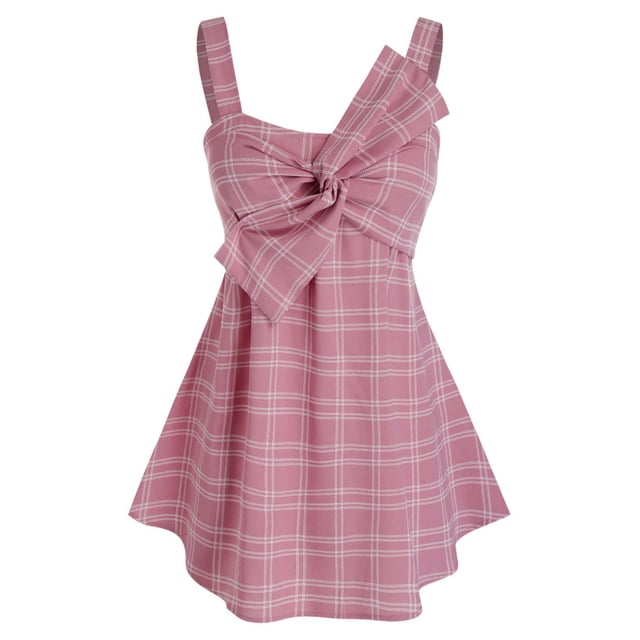 Tamaño más Giro bowknot camisas a cuadros cuello cuadrado sin mangas Rosegal Camisetas sin mangas de talla grande