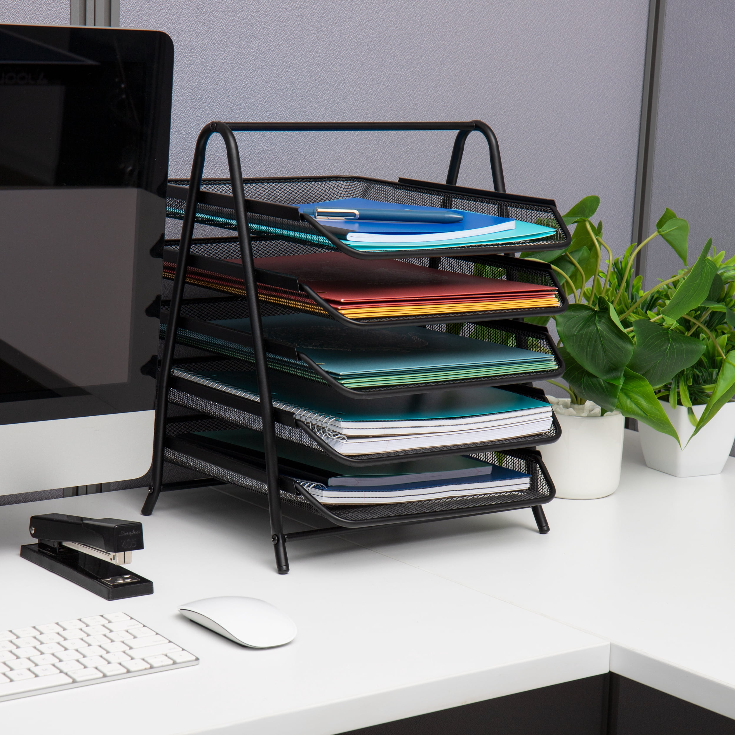 Mind Reader 5-Tier Paper Tray, Desktop Organizer, File Storage, Office, Metal Mesh, Set of 2, Black
