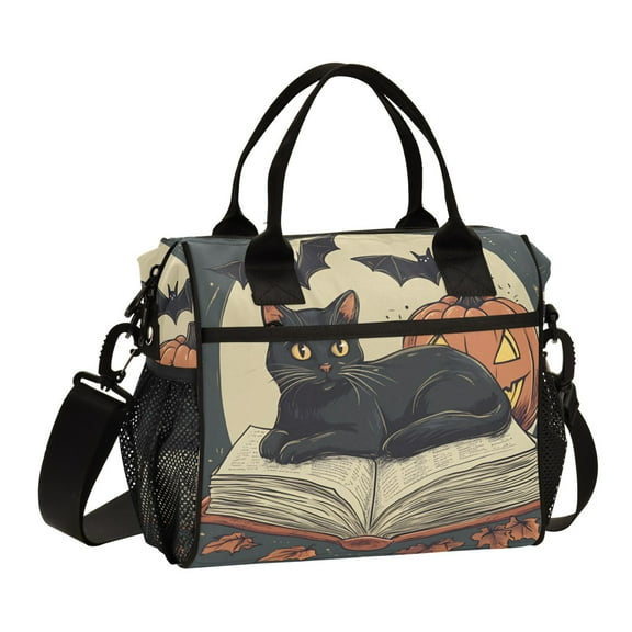 FORMRS Insulated Lunch Bag Unisex Large Capacity with Shoulder Strap, Black Halloween Cat