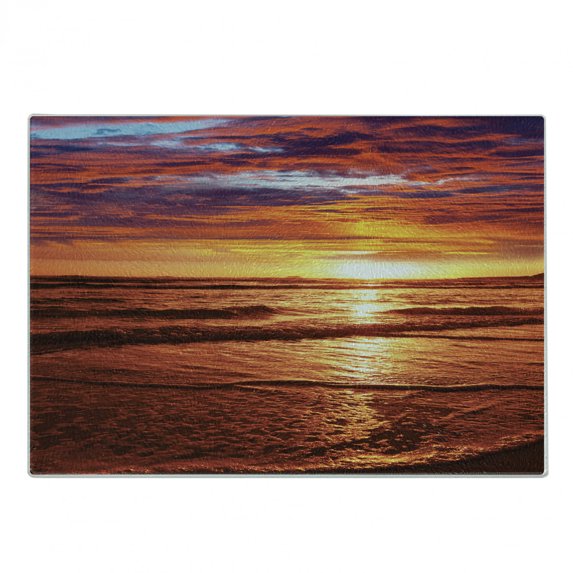 Hawaiian Cutting Board, Dramatic Picture of Sunset over Beach Sun Rays Reflection on Sea Evening View, Decorative Tempered Glass Cutting and Serving Board, Small Size, Yellow Orange, by Ambesonne