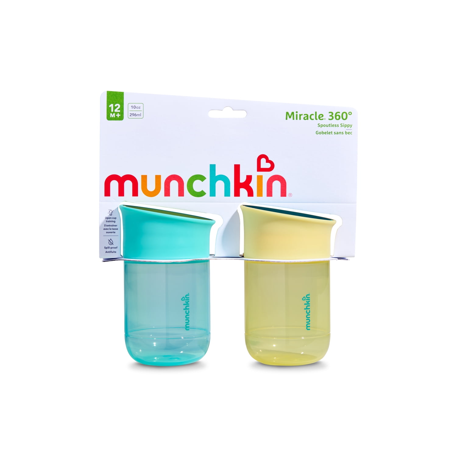 Munchkin Miracle 360 Spoutless Spill-Proof Cup, Medium Flow, 10 oz, Unisex, 2 Pack (Blue/Yellow)