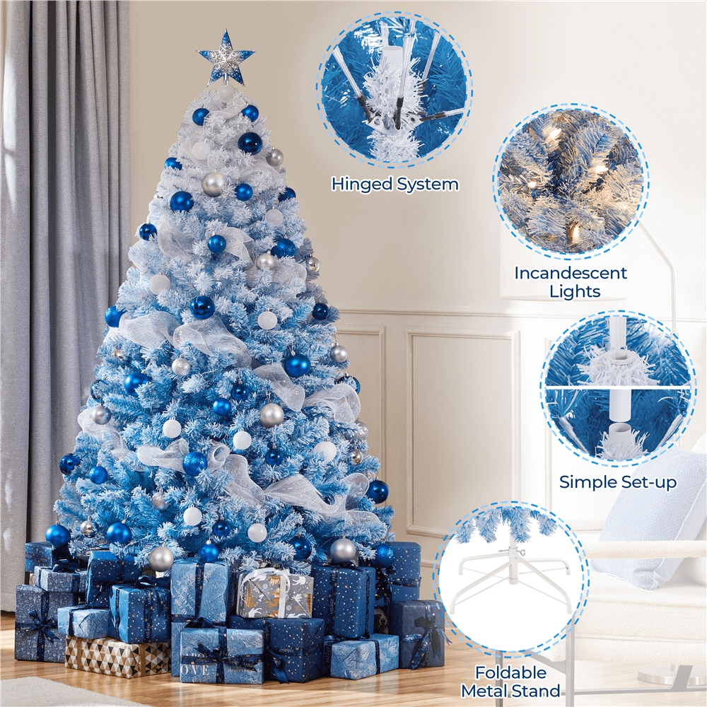 Renwick 6Ft Pre-lit Flocked Artificial Christmas Tree with 250 Incandescent Warm Lights, Lake Blue Gradient