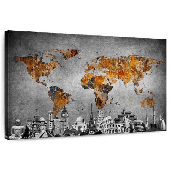 Elephant Stock Colorful World Map Masterpiece I Wall Art - Horizontal Canvas Wall Art - Living Room Wall Decor - Map Canvas - Brown And Gray Decor - 12" x 8"
