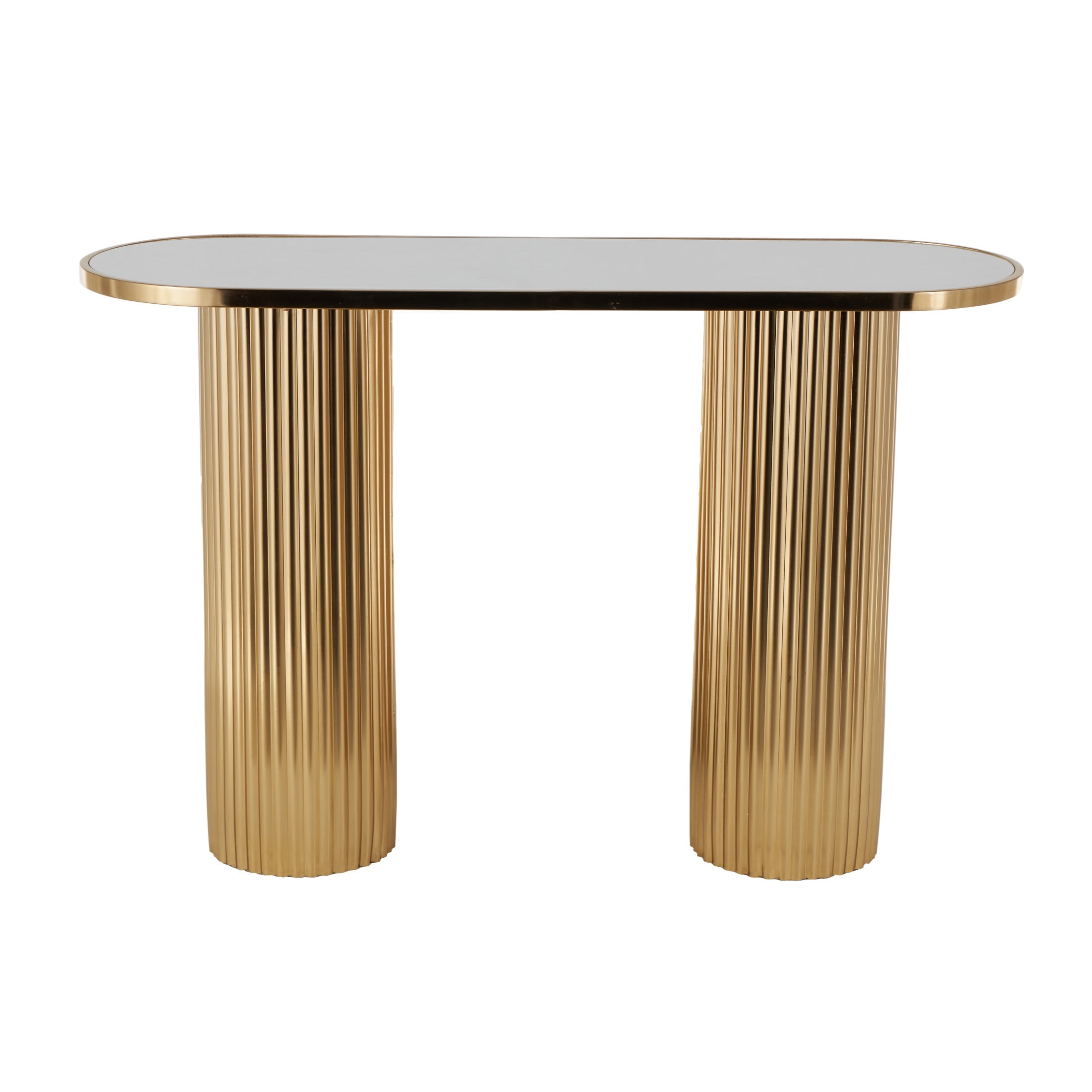 DecMode 47" x 31" Gold Metal Oval Console Table with White Marble Tabletop and Ribbed Legs, 1-Piece