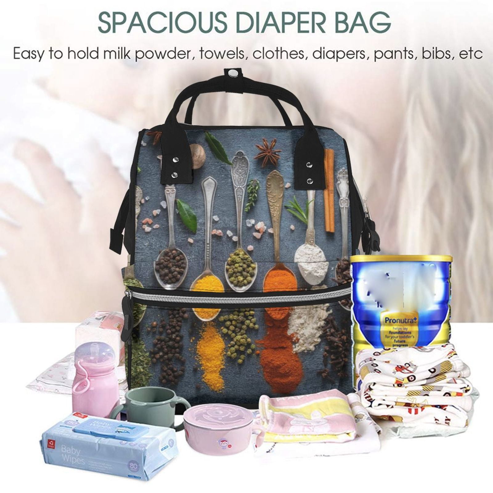 Ratiio Various Herbs And Spices In Spoons Mummy Backpack - Waterproof Twill Canvas, Large Capacity Diaper Bag with Multiple Pockets and Adjustable Straps