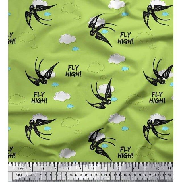Soimoi Green Georgette Viscose Fabric Text,Clouds & Crow Bird Print Fabric by Yard 42 Inch Wide
