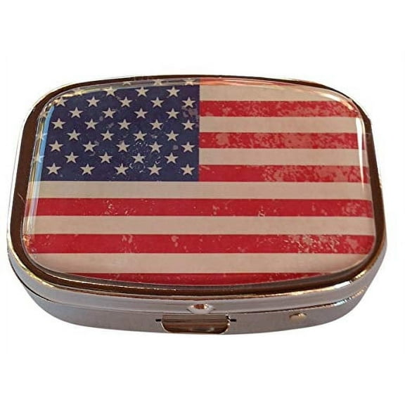 Vintage American Flag Silver Two Section Rectangular Pocket Purse Travel Pill Box