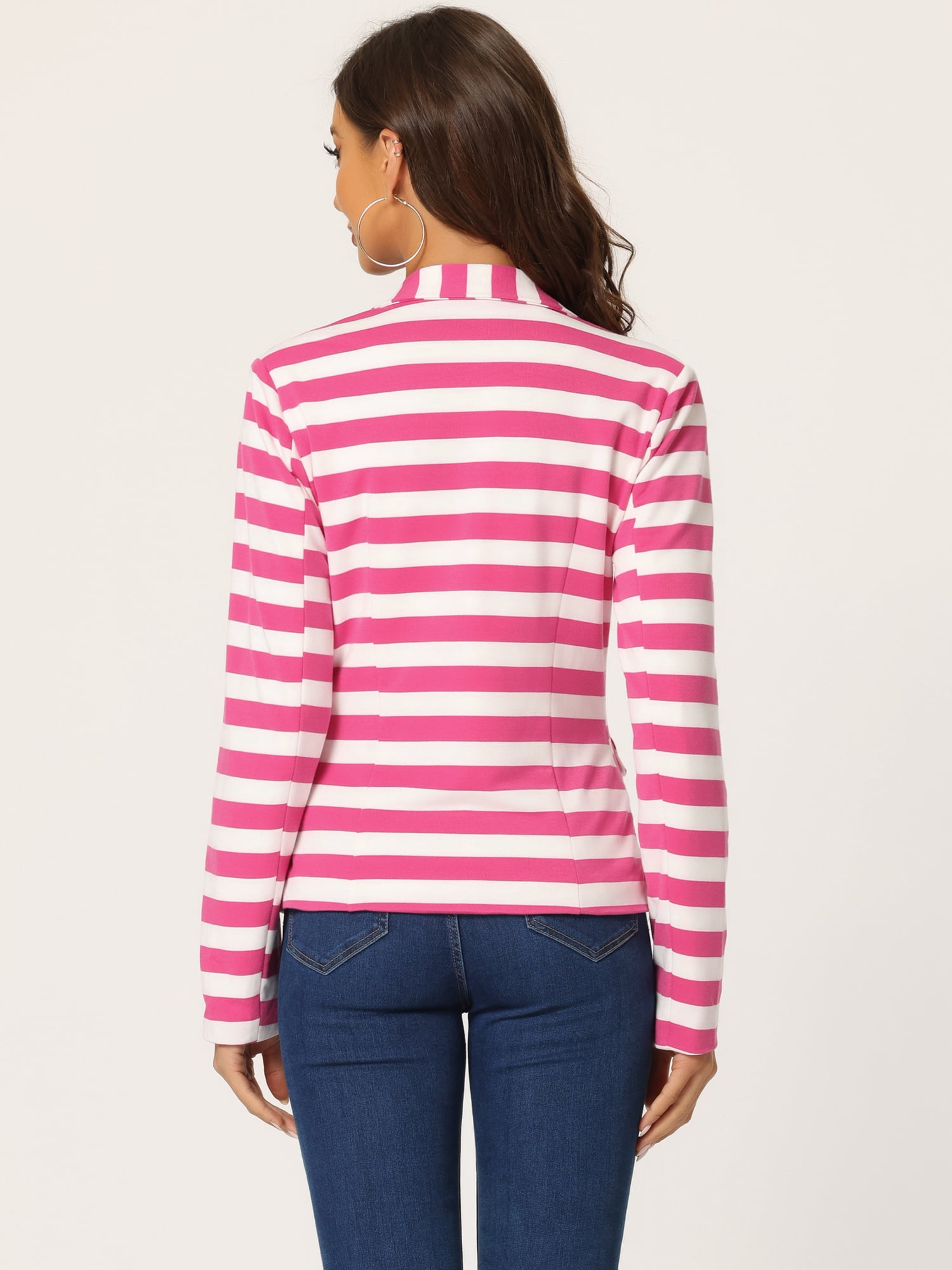 DARING DIVA Women's Striped Notched Lapel Button Closure Blazer S Hot Pink White