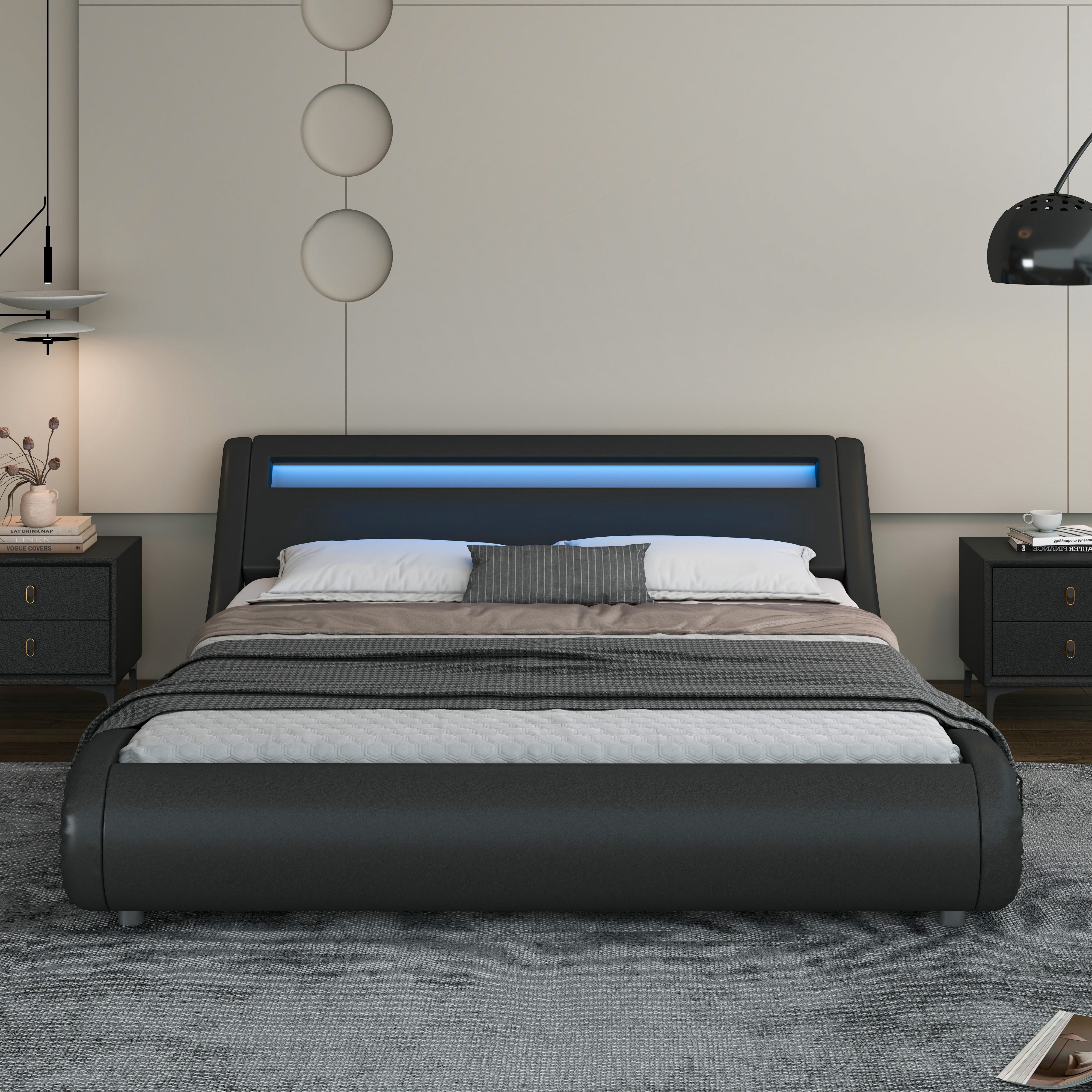 Sha Cerlin King Size Wave-Like Curve PU Leather Platform Bed Frame with Adjustable Headboard and LED Lights, Dark Grey