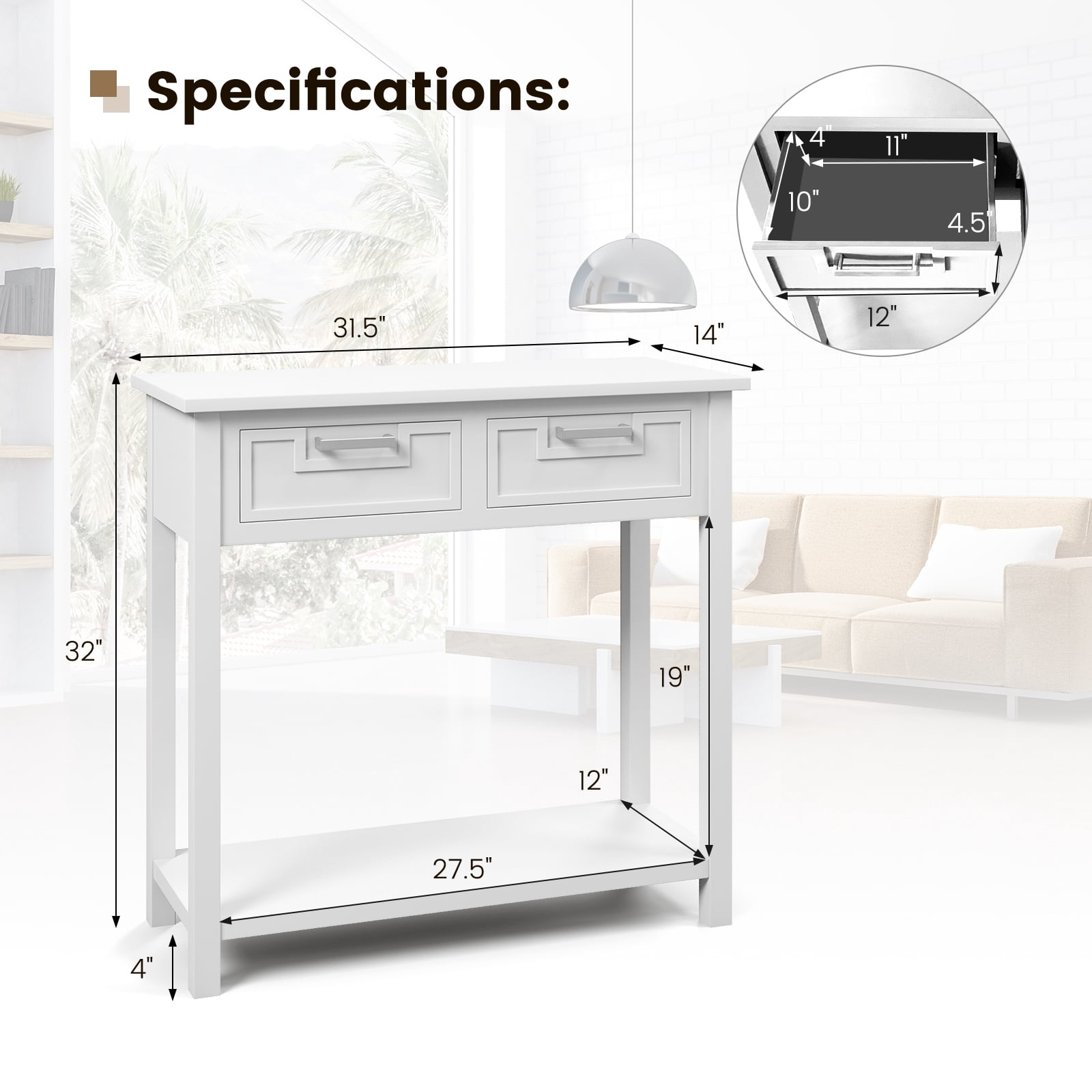 Costway Accent Console Table Entryway Sofa Foyer Table Storage Shelf with 2 Drawers White
